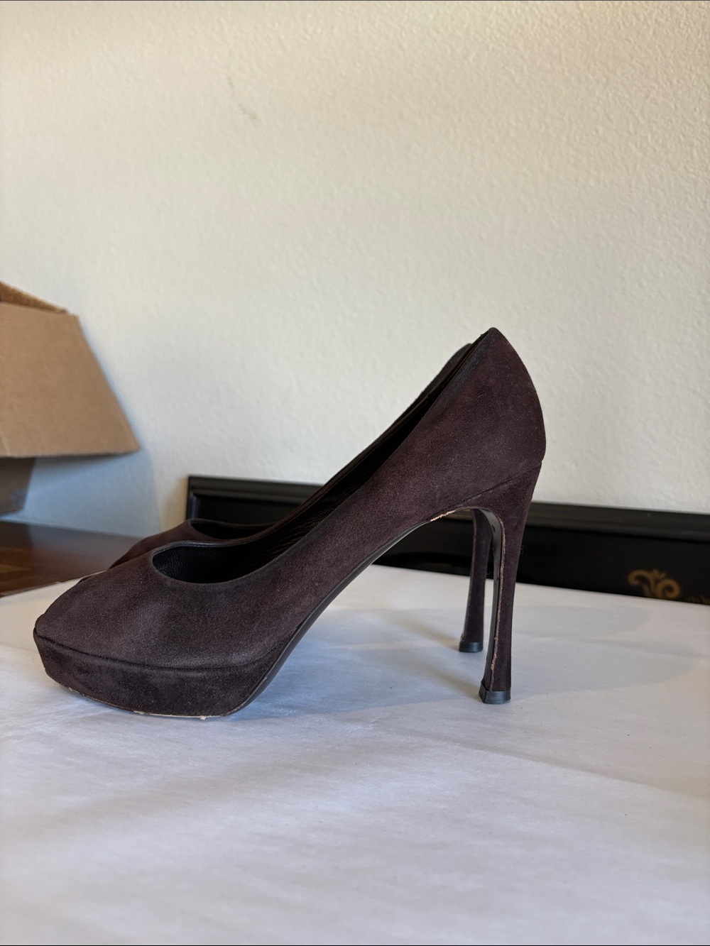 Yves Saint Laurent YSL Brown Suede Peep-Toe 4" Heels